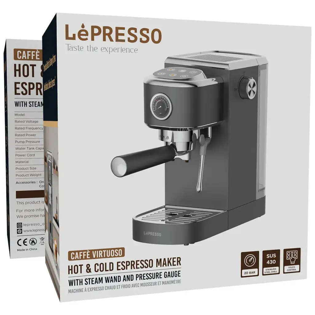 LePresso gray espresso machine with steam wand and pressure gauge for hot and cold espresso brewing.