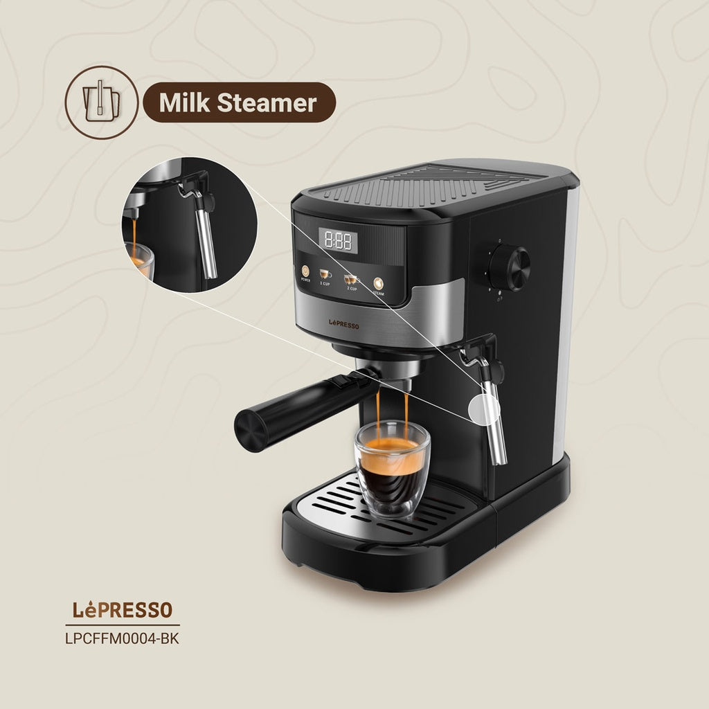 Black LePresso Suprema espresso machine with sleek design, compact size, and built-in portafilter for home coffee brewing.