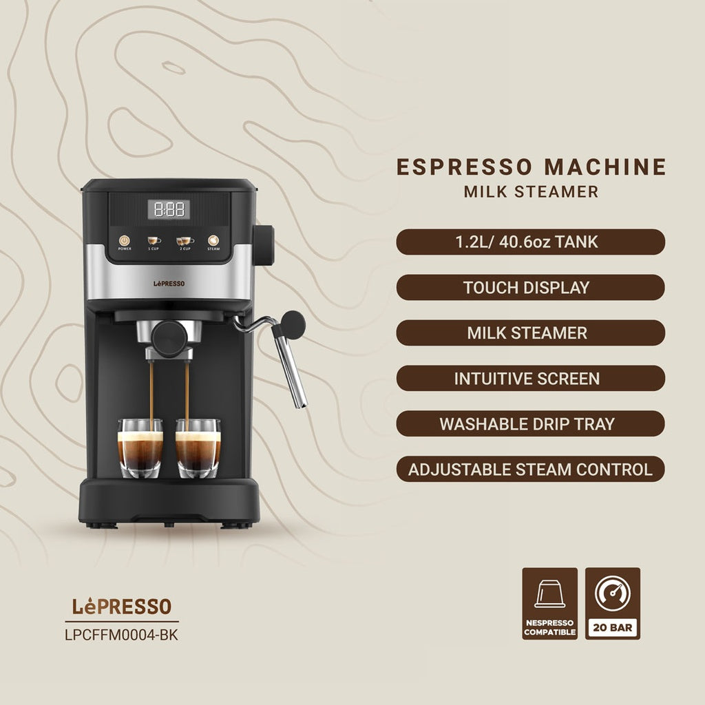 LePresso Suprema espresso machine in black with sleek design, digital display, and portafilter for home brewing coffee.