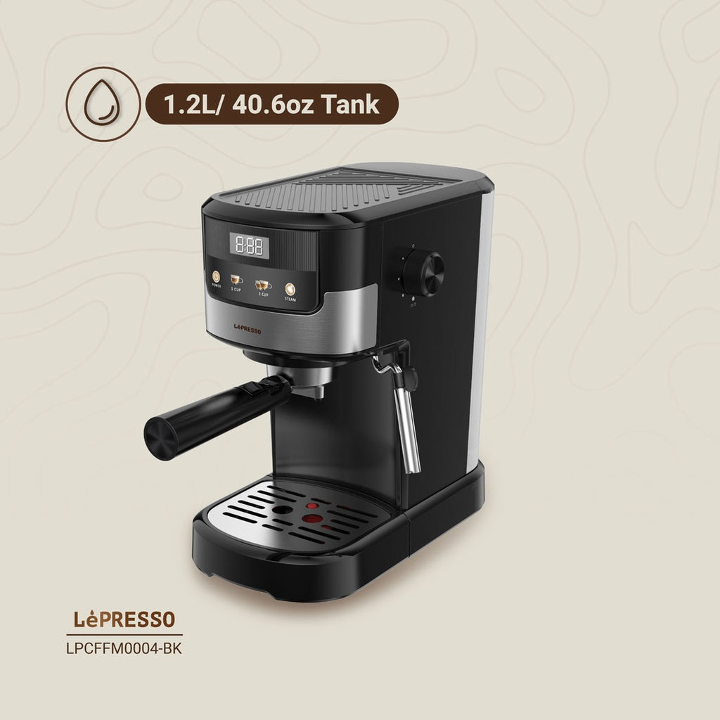 LePresso Suprema black espresso machine with sleek design and digital controls for brewing fresh espresso at home.