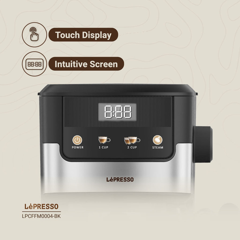 Black LePresso Suprema espresso machine with sleek design, digital display, and stainless steel accents for home brewing.