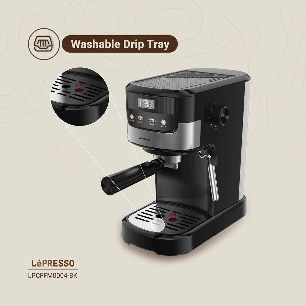 Black LePresso Suprema espresso machine with sleek design, digital display, and portafilter for professional coffee brewing.