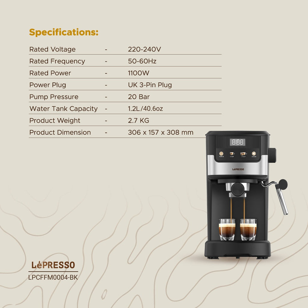 Black LePresso Suprema espresso machine with sleek design, compact body, and control panel for brewing rich espresso shots.