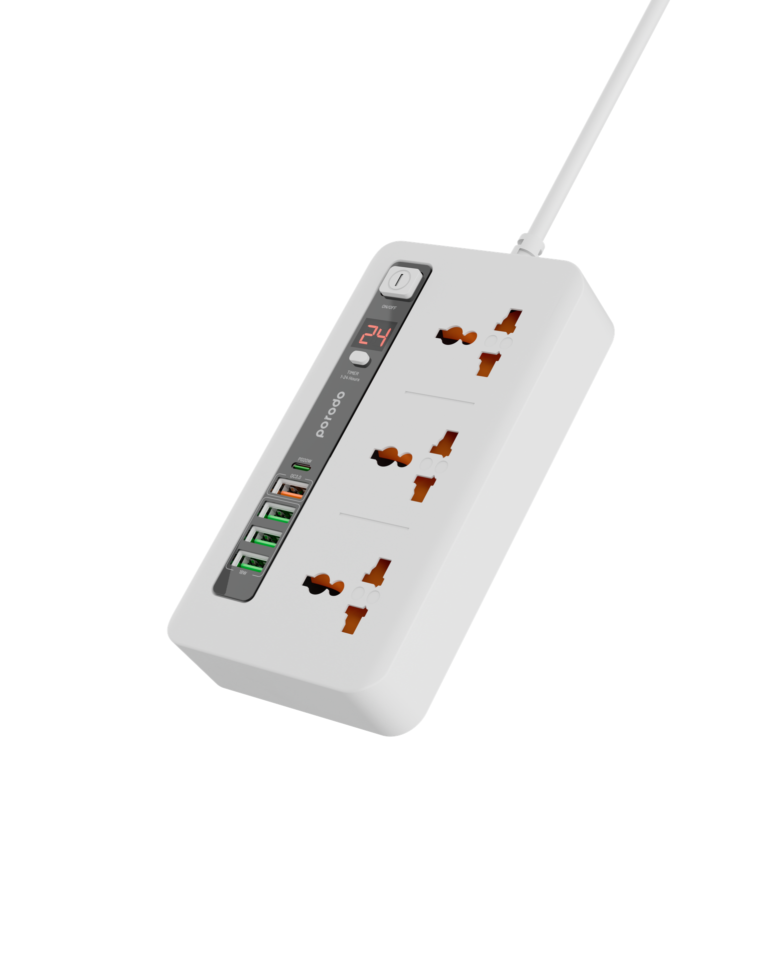 Porodo 3 AC 4 USB-A & USB-C PD 20W Multi-Port Super Hub 2M UK