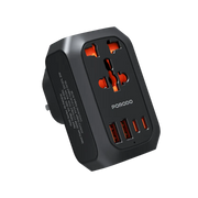 Porodo 2500W EU pin travel adapter in black, designed for multi-device charging and international use.