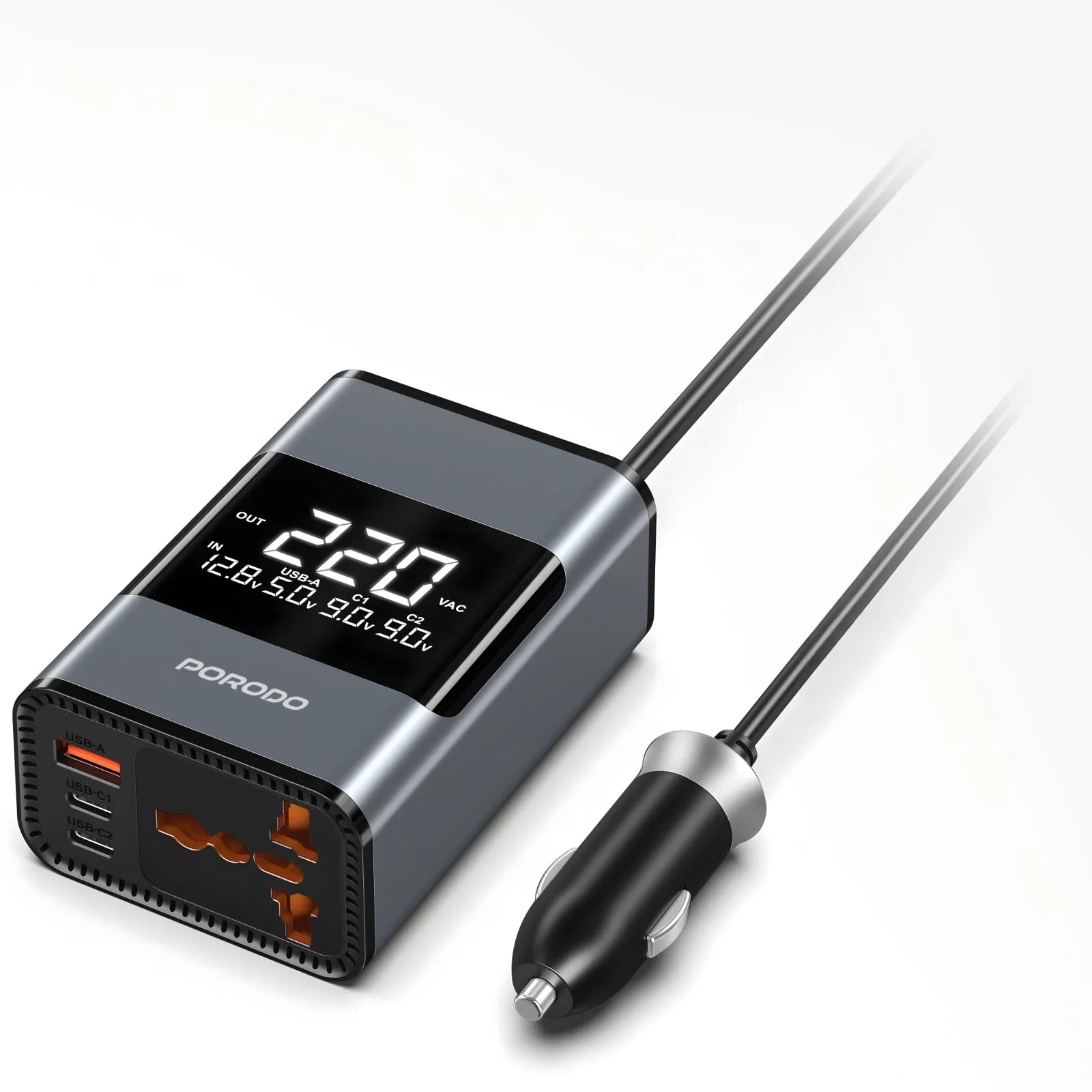 Porodo 200W Car Power Inverter Universal Plug - Grey