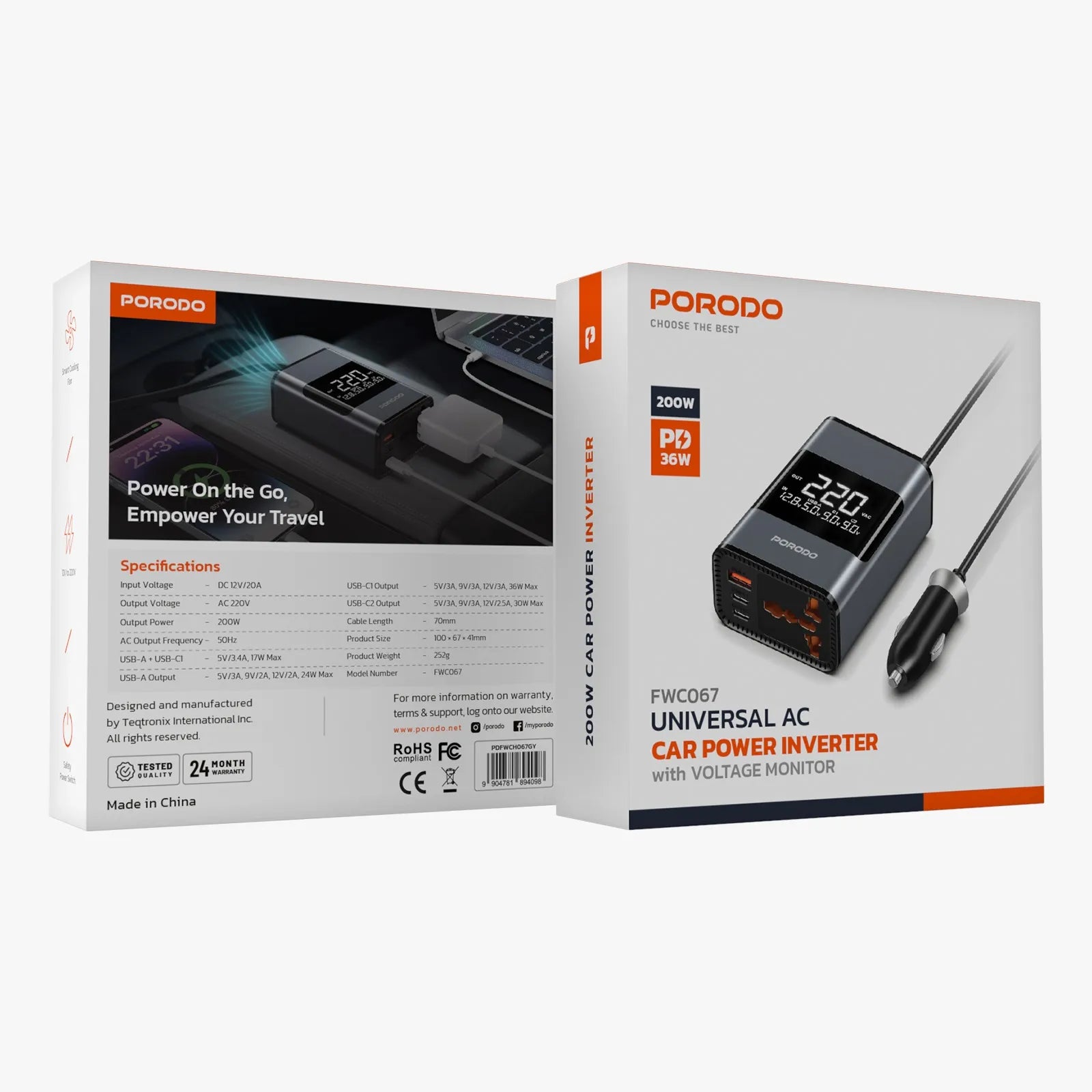 Porodo 200W Car Power Inverter Universal Plug - Grey