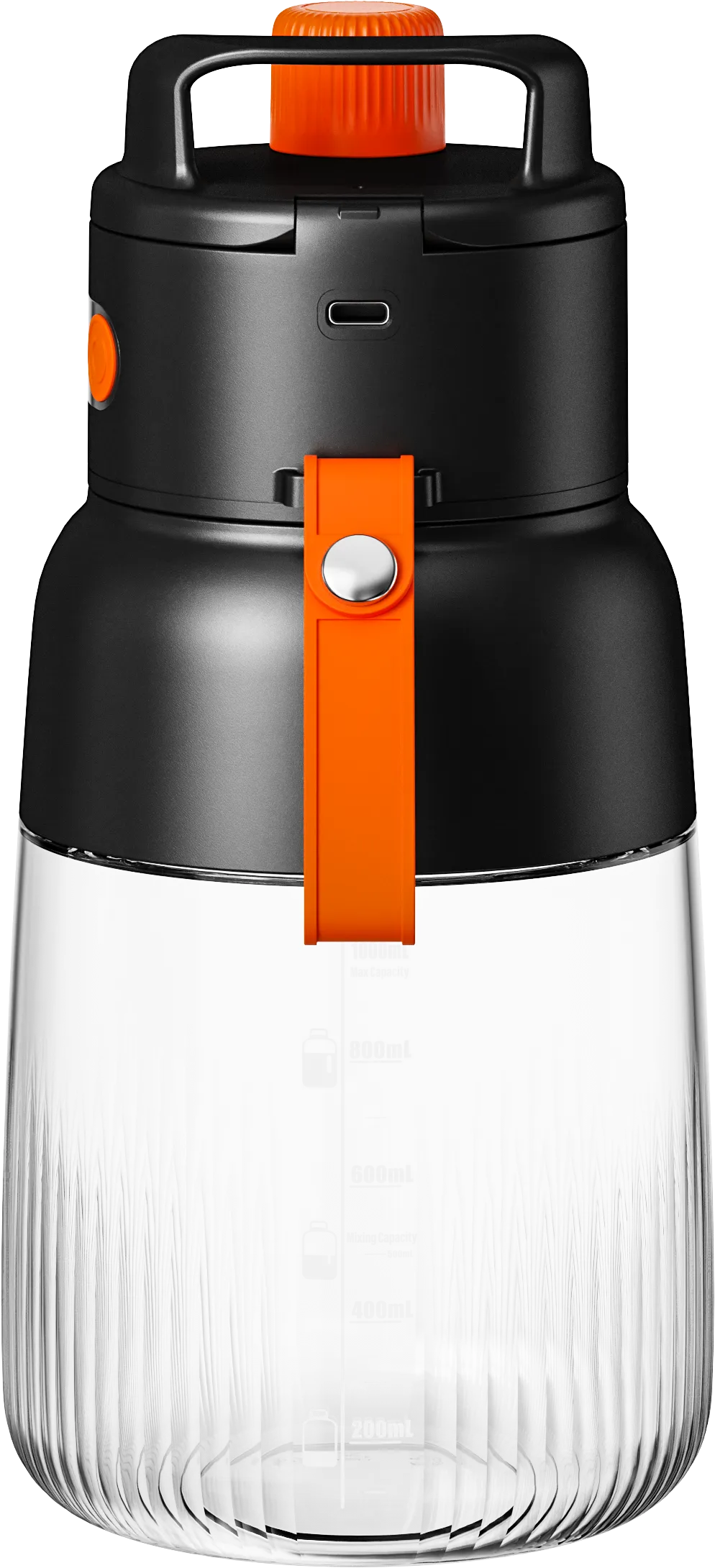 Porodo Lifestyle Blend & Sip 70W juicer blender with LED display, 3000mAh battery, 1000ml capacity, black and orange color.