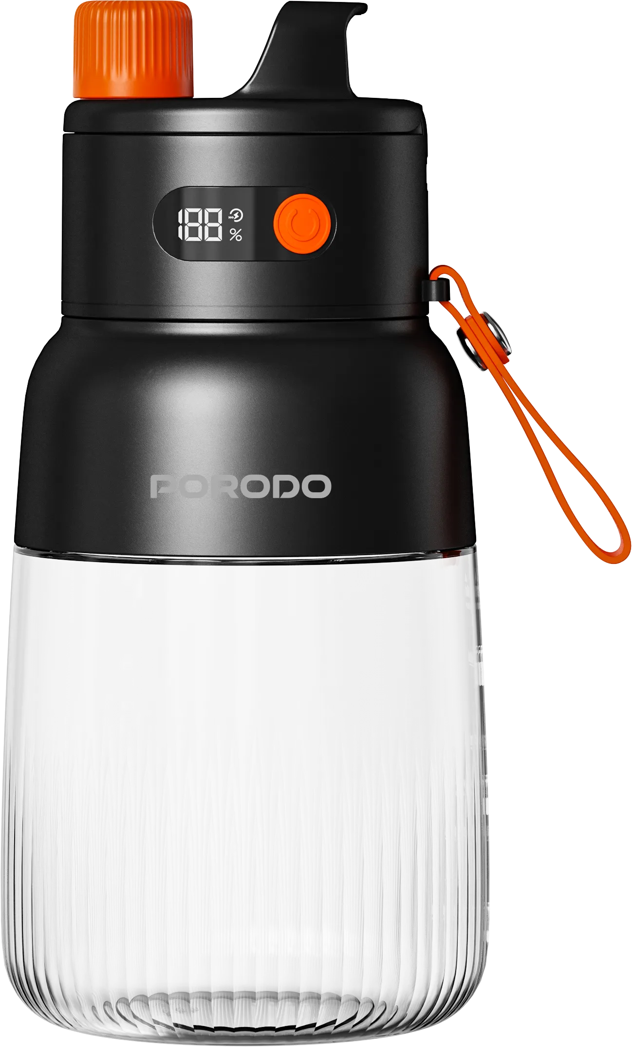 Porodo Lifestyle Blend & Sip 70W blender in black and orange with LED display, 3000mAh battery, 1000ml capacity, Type-C port.