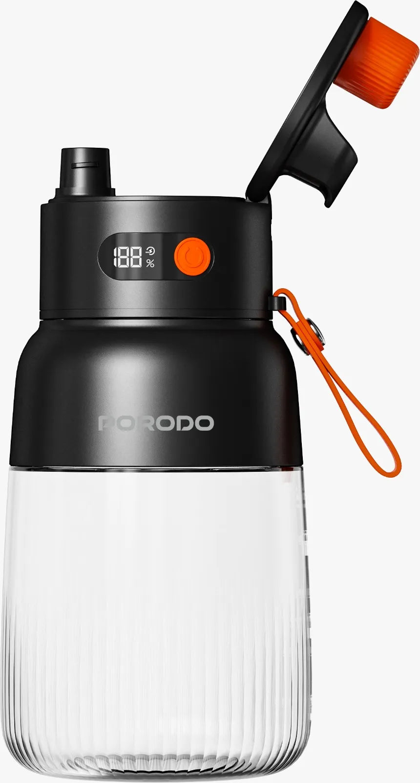 Porodo Lifestyle Blend & Sip 70W juicer blender with LED display, 3000mAh battery, 1000ml capacity, black and orange design.