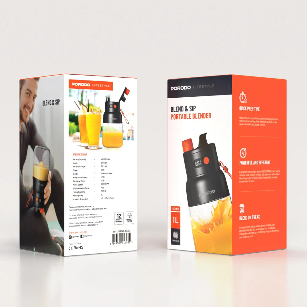 Porodo Lifestyle Blend & Sip 70W juicer blender with LED display, 3000mAh battery, 1000ml capacity, black and orange color.