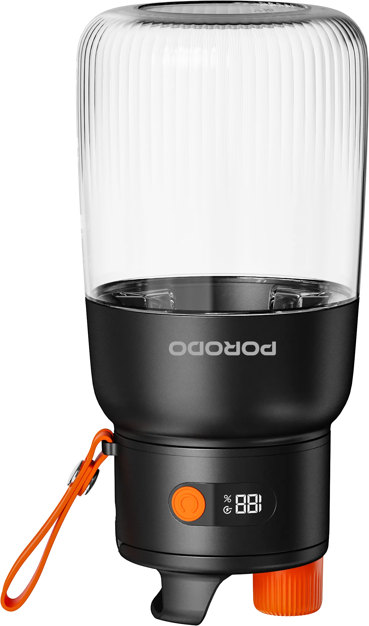 Porodo Lifestyle Blend & Sip 70W juicer blender with LED display, 3000mAh battery, 1000ml capacity, black and orange color.