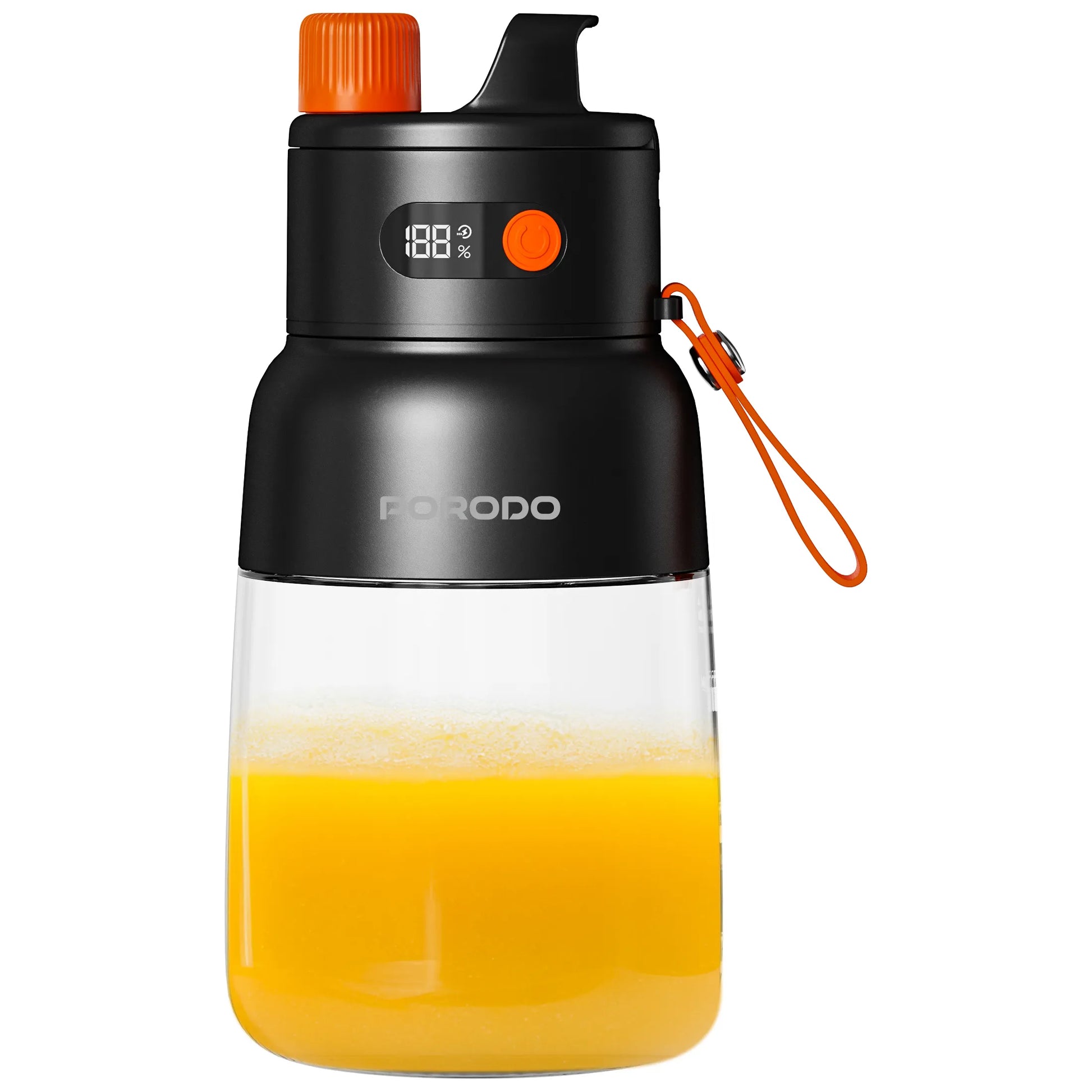 Porodo Lifestyle Blend & Sip 70W juicer blender with LED display, 3000mAh battery, 1000ml capacity, black and orange color.