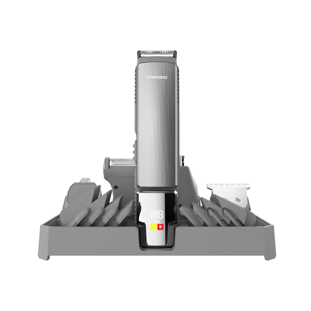 Porodo Lifestyle 14-in-1 trimming kit in silver with multiple attachments for grooming and trimming facial and body hair.