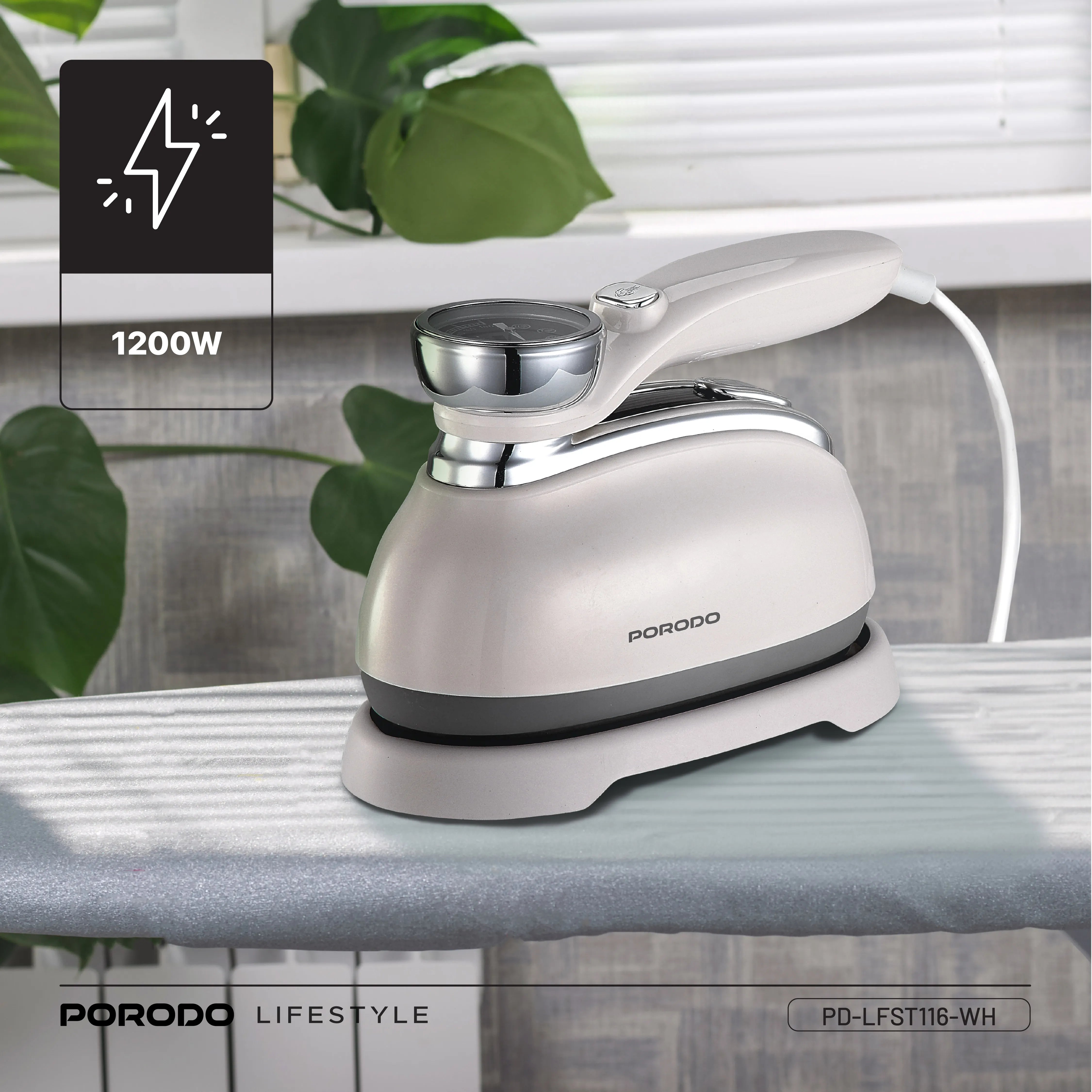 Porodo Lifestyle 1200W Vertical & Horizontal Steam Iron with 180° Rotatable Transparent 160ML Water Tank