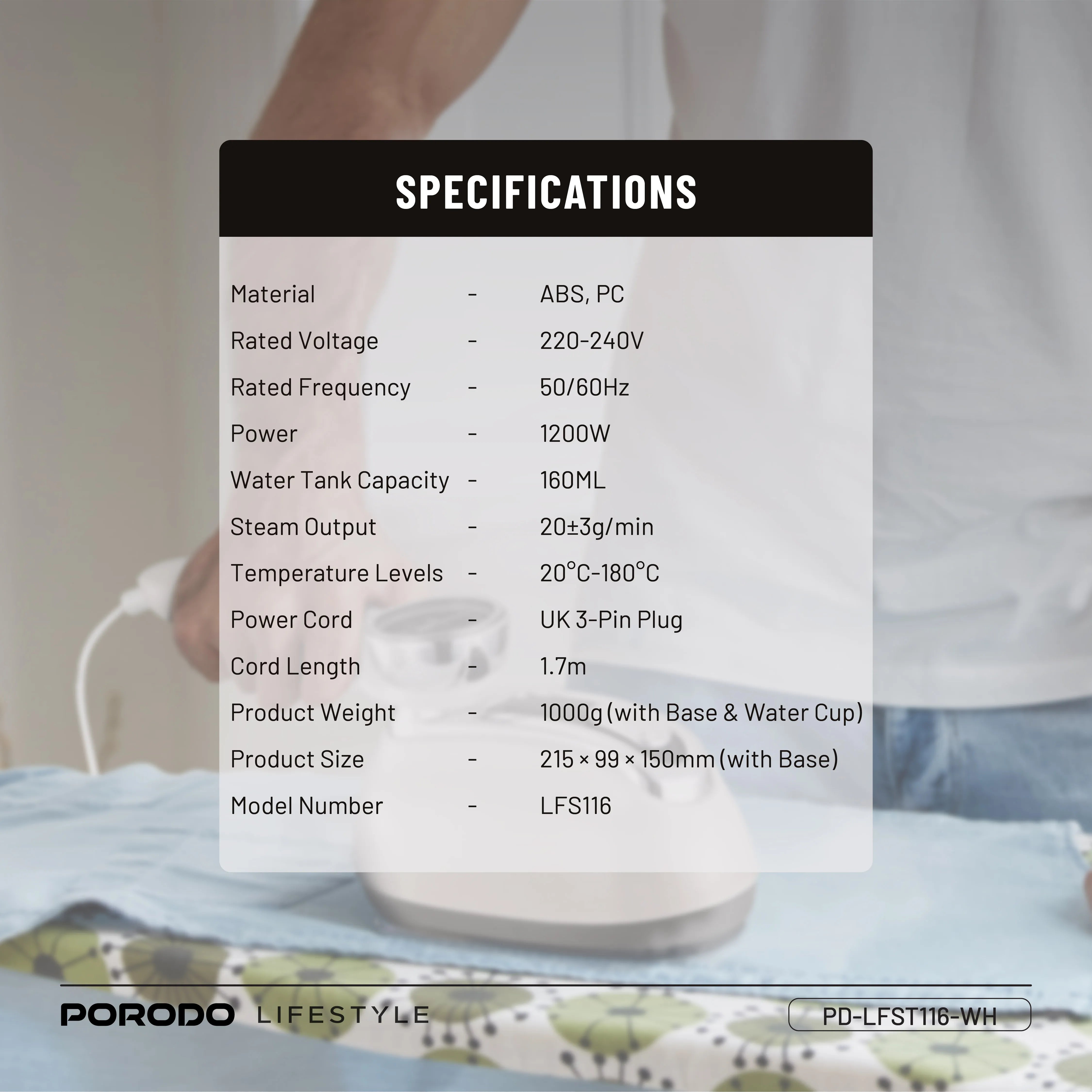 Porodo Lifestyle 1200W Vertical & Horizontal Steam Iron with 180° Rotatable Transparent 160ML Water Tank