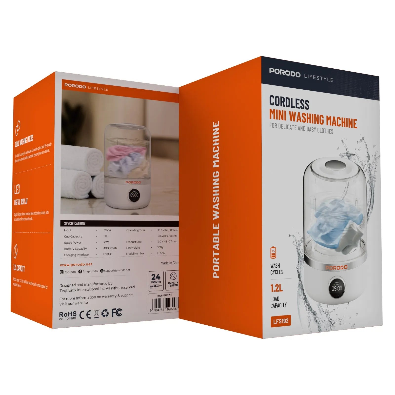 Porodo Mini Laundry Cup 4000mAh washing machine in white, showcasing its compact design and 1.2L capacity.