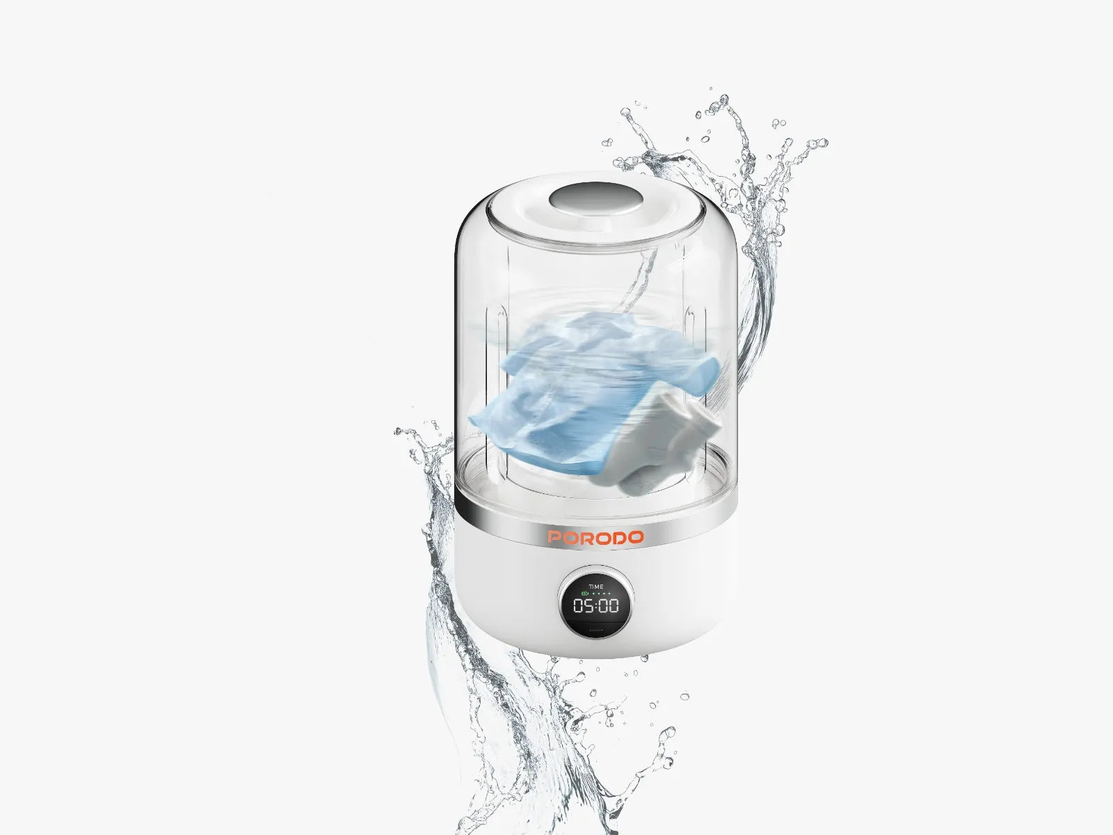 Porodo Mini Laundry Cup 4000mAh 1.2L washing machine in white, showcasing compact design and user-friendly features.
