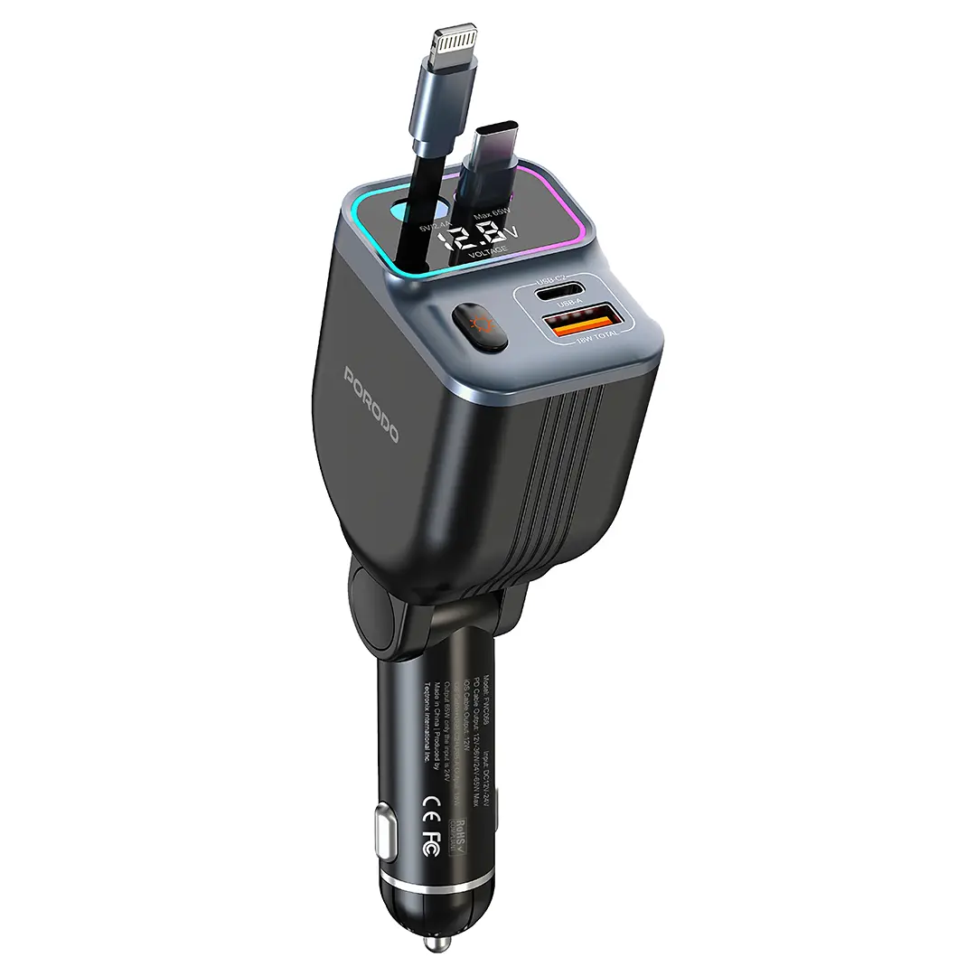 Porodo Retractable Lightning +USB-A port+TYPE-C port Color Lights: One-click Option - Black