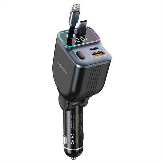 Porodo Retractable Lightning +USB-A port+TYPE-C port Color Lights: One-click Option - Black