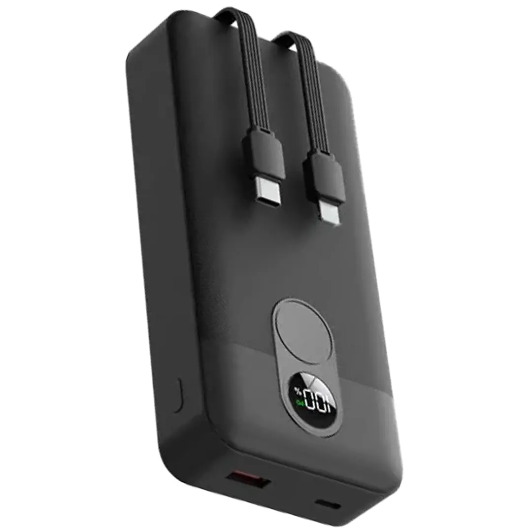 Porodo 20000mAh Powerbank 2xType-C, USB A and Type C and Digital Display with C & Lightning Integrated Cable- Black
