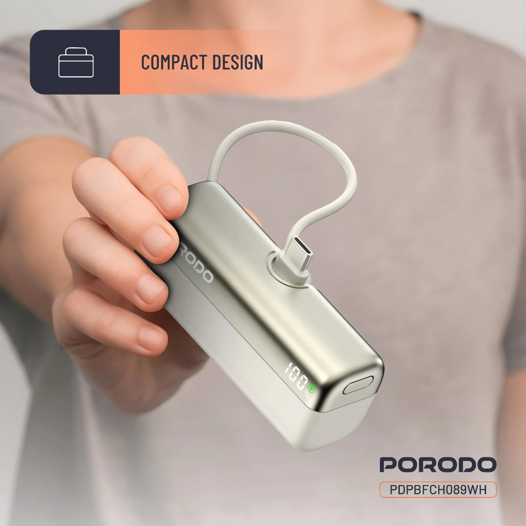 Porodo Pocket Volt 10000mAh power bank featuring Type-C input with multiple voltage options for versatile charging.
