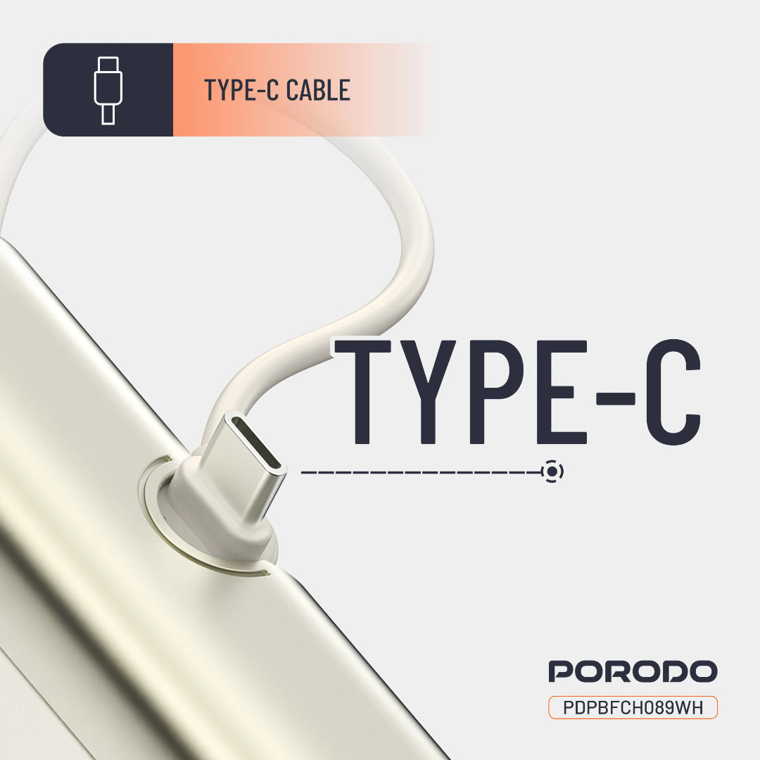 Porodo Pocket Volt 10000mAh power bank with Type-C input and multiple voltage options, sleek white design.