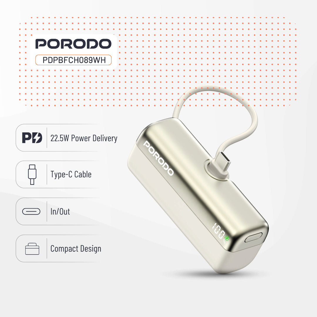 Porodo Pocket Volt 10000mAh power bank with Type-C input and multiple voltage options, showcasing a sleek design.