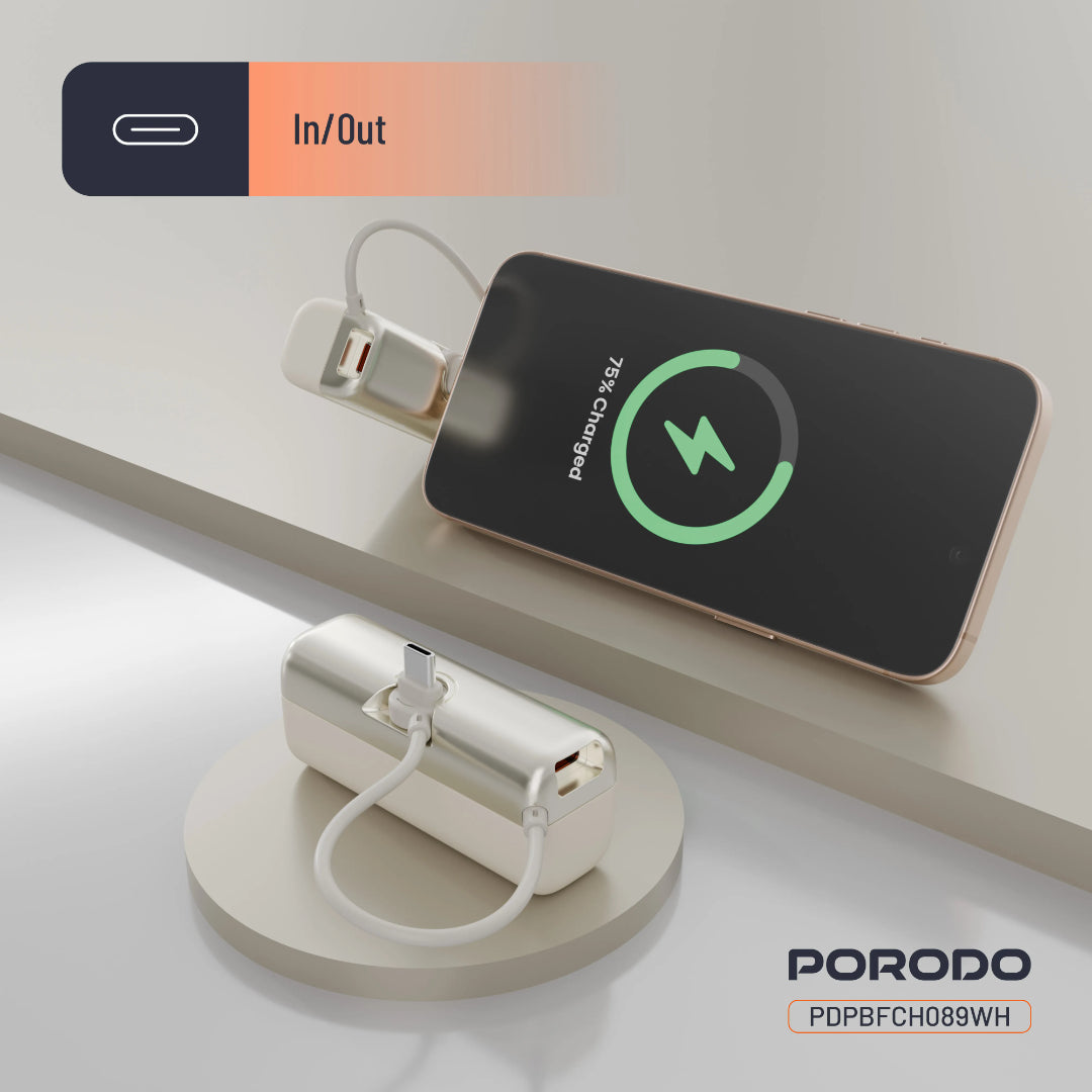 Porodo Pocket Volt 10000mAh Power Bank with Type-C input and multiple voltage options, shown from the front.