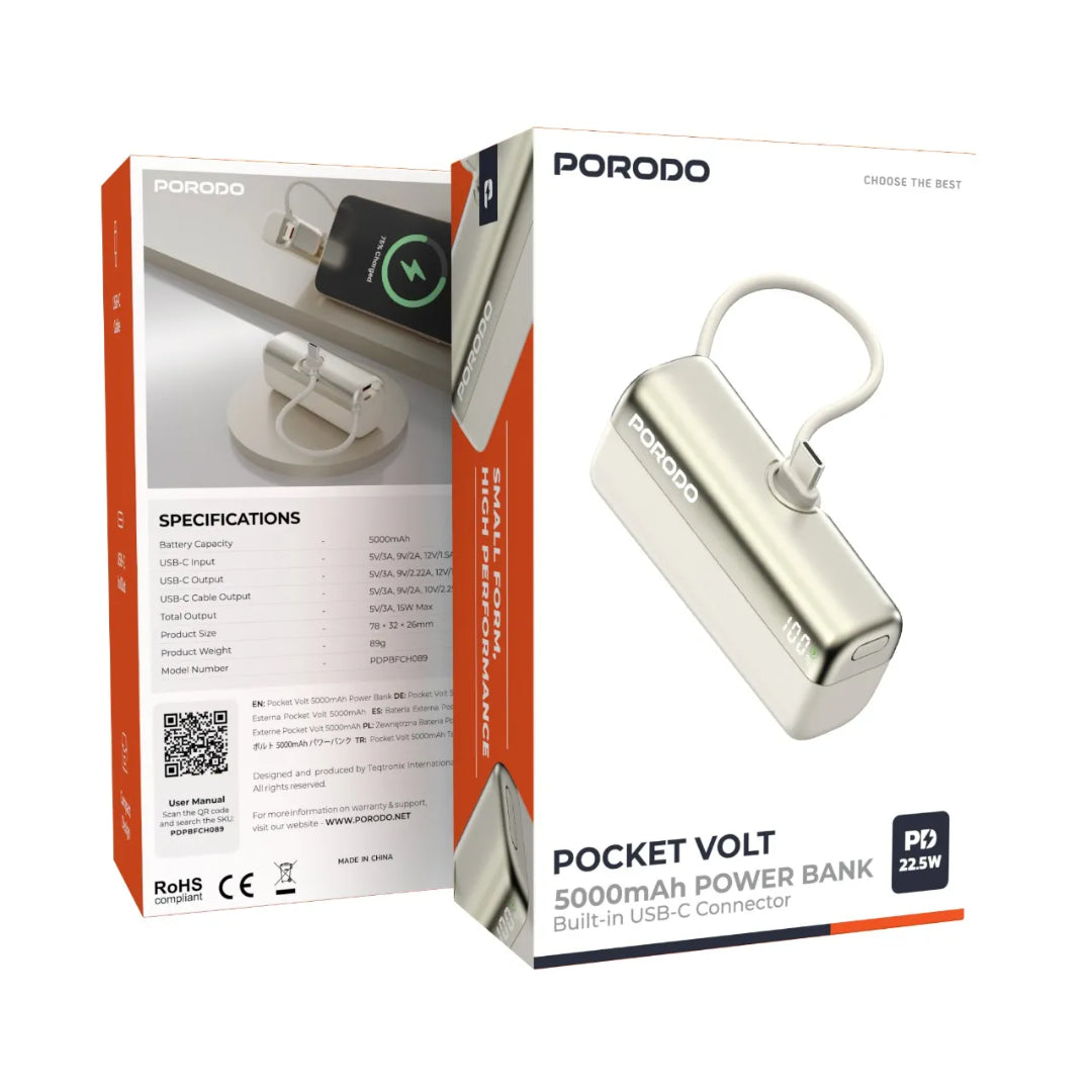 Porodo Pocket Volt 10000mAh power bank with Type-C input and multiple voltage options displayed on a white background.