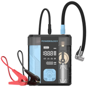 Powerology 3-in-1 jump starter and tire inflator in black and blue with digital display and portable design.