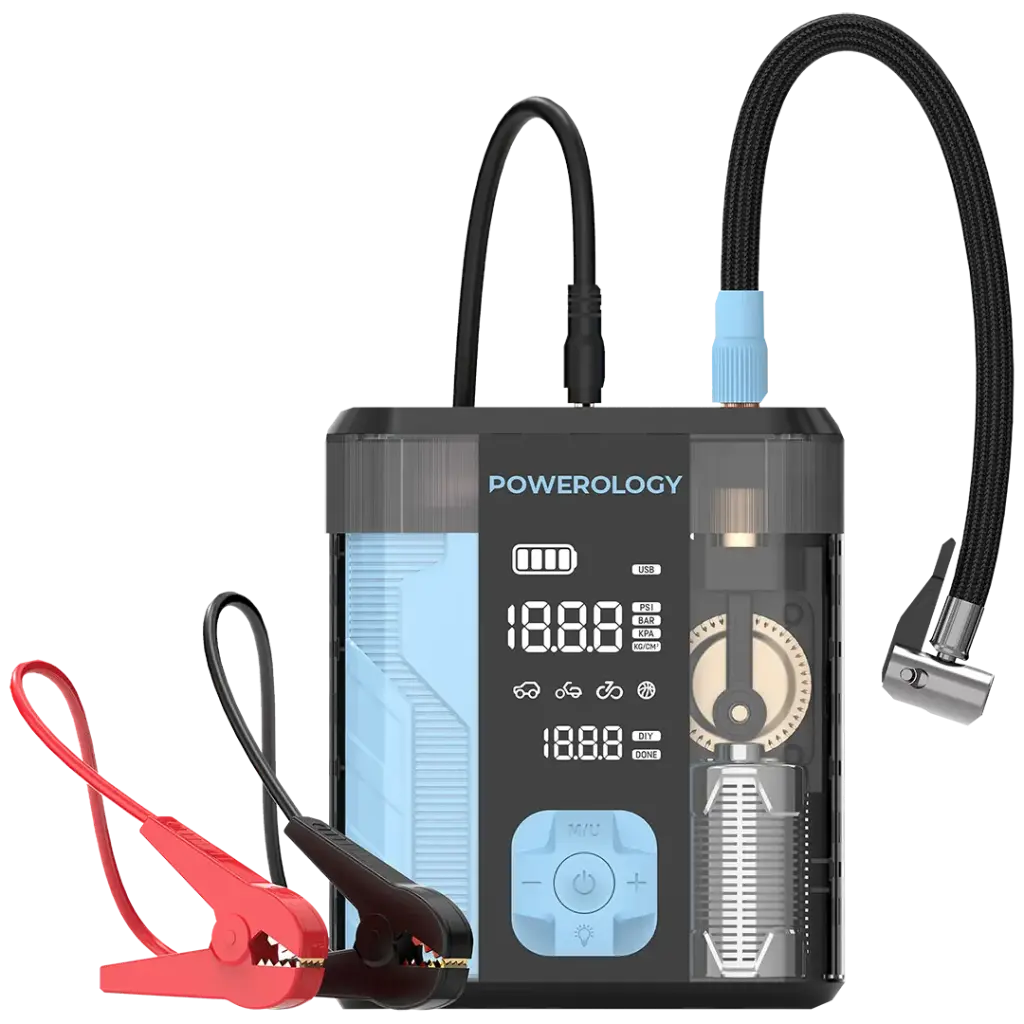 Powerology 3-in-1 jump starter and tire inflator in black and blue with digital display and portable design.