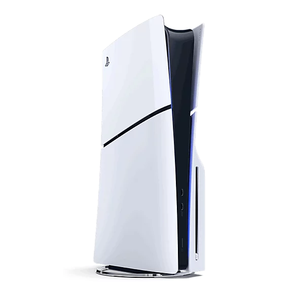 Sony PlayStation 5 Slim Standard Edition console with white wireless controller on a sleek background.