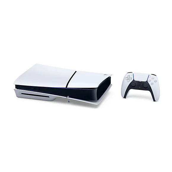 Sony PlayStation 5 Slim Standard Edition console with a white wireless controller on a sleek display.