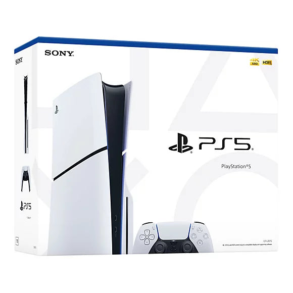 Sony PlayStation 5 Slim Standard Edition console with white wireless controller displayed in its packaging.