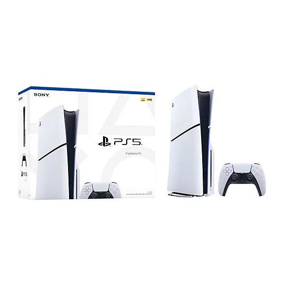 Sony PlayStation 5 Slim Standard Edition console with white wireless controller and box packaging displayed on a surface.