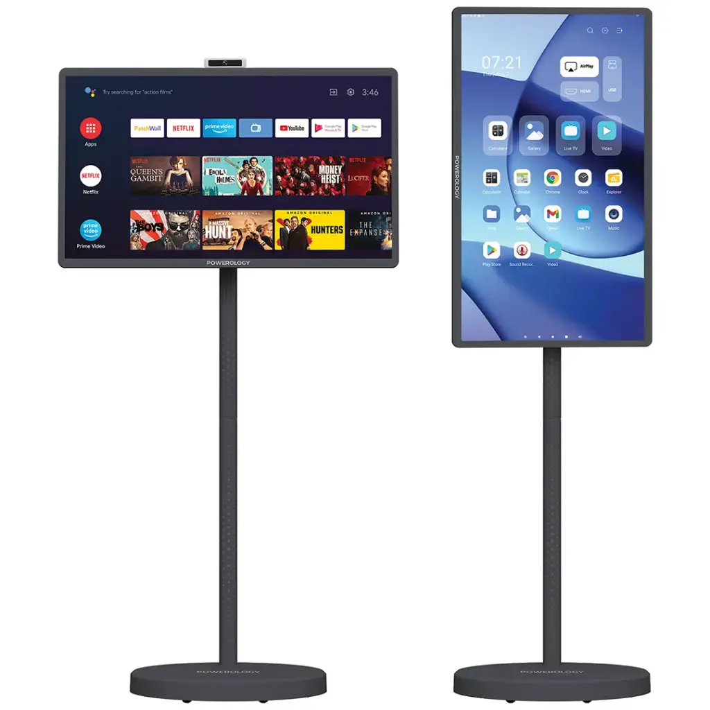 Gray Powerology Banf 32-inch portable smart monitor with touch control, built-in camera, 38400mAh battery, and Android OS.