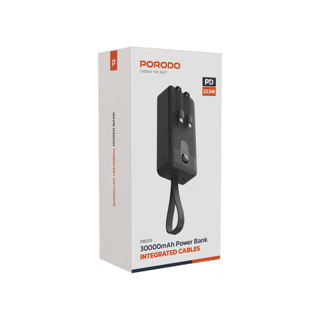 Porodo 30000mAh Universal Powerbank 2xType-C, USB A and Type C and Digital Display with C & Lightning Cable 0-60 35Mins Simultaneous Charging 22.5W Integrated Cable Travel Friendly | Black