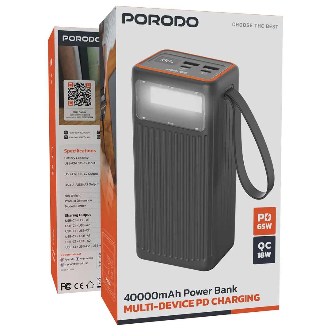 Porodo Pd65w Power Bank 40000mAh With Flashlight - Black