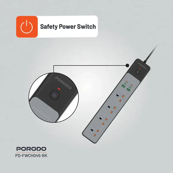 Porodo 4 AC Power Socket with USB A x2 USB C x4 UK 3M Wire - Black