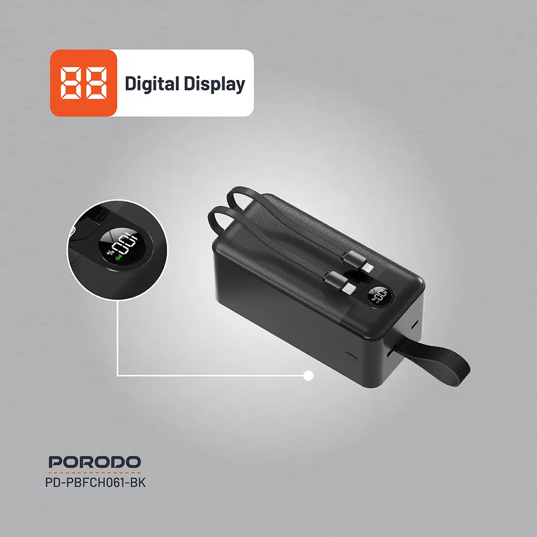 Porodo 50000mAh Power Bank 2xType-C, USB-A & Type-C Digital Display with C & L Integrated Cable
