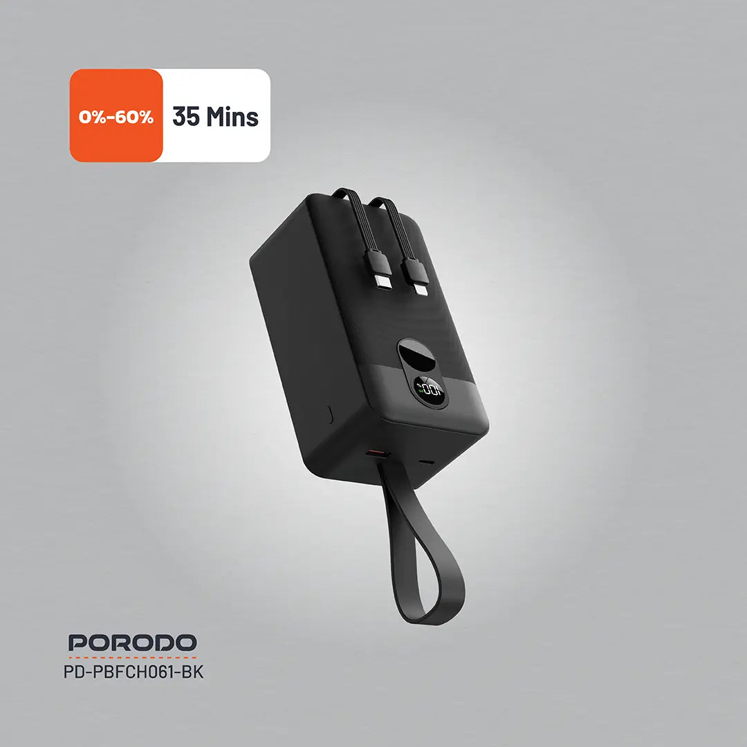 Porodo 50000mAh Power Bank 2xType-C, USB-A & Type-C Digital Display with C & L Integrated Cable