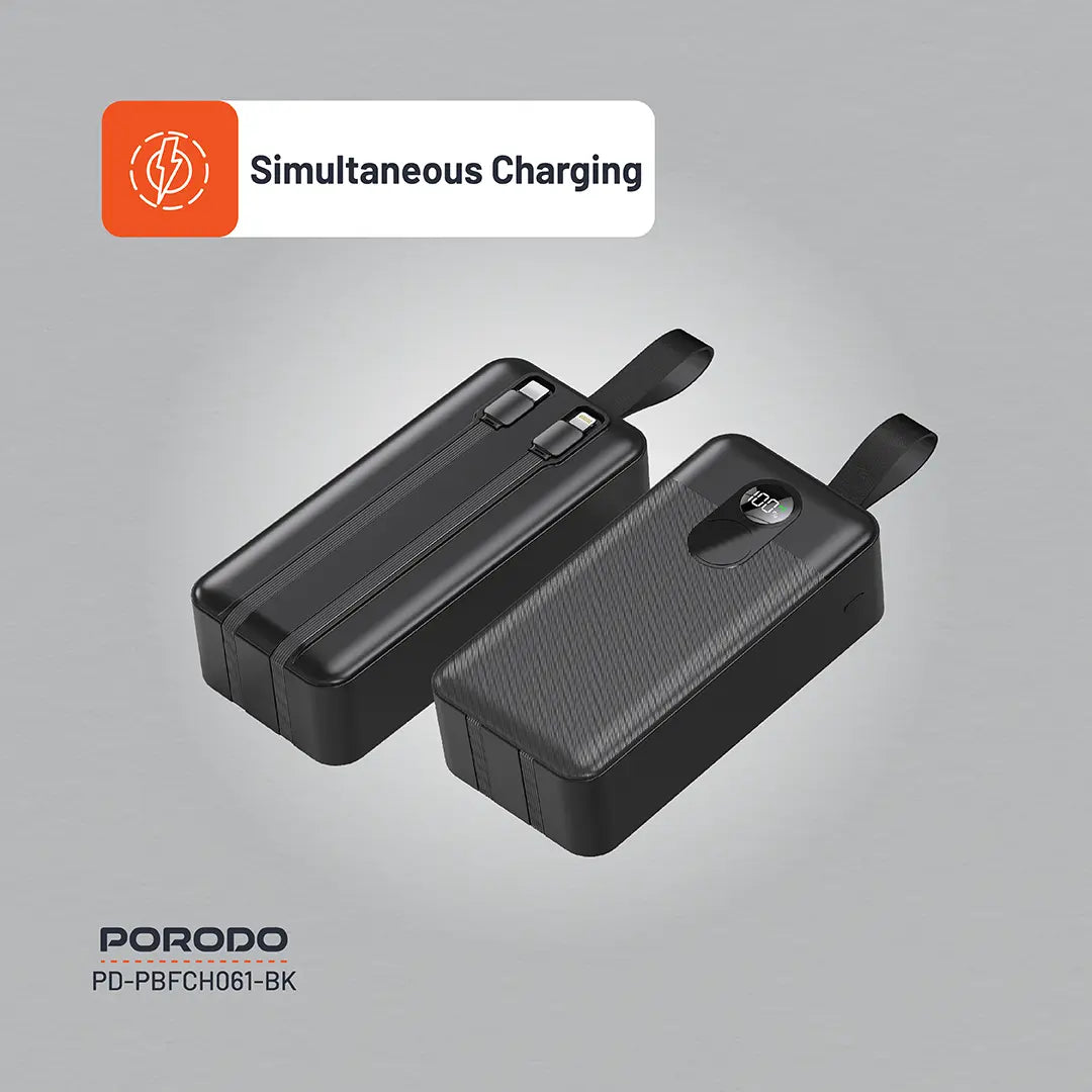 Porodo 50000mAh Power Bank 2xType-C, USB-A & Type-C Digital Display with C & L Integrated Cable