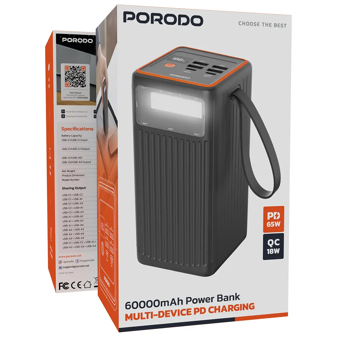Porodo PD65W Power Bank 60000mAh with Flashlight - Black