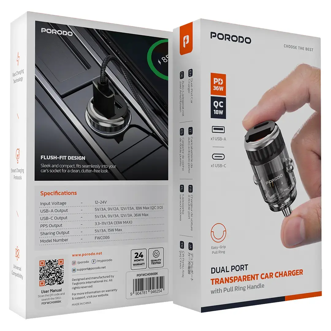 Porodo Dual Port Transparent Car Charger With Pull Ring Handle - Black