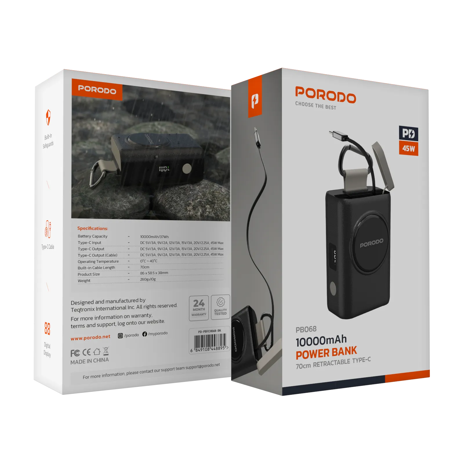 Porodo IPX5 360° 10000mAh Power Bank - Black