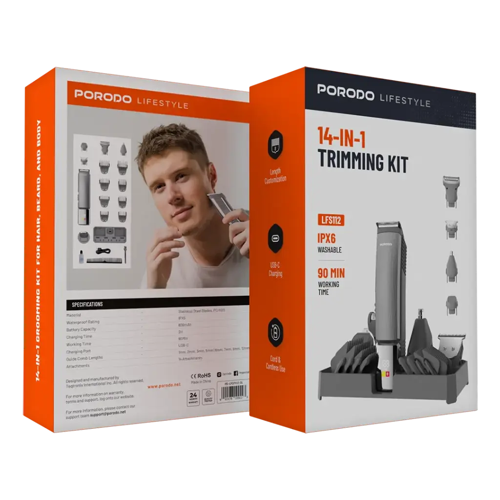 Porodo Lifestyle 14-in-1 trimming kit in silver with multiple attachments for grooming and trimming hair and facial hair.
