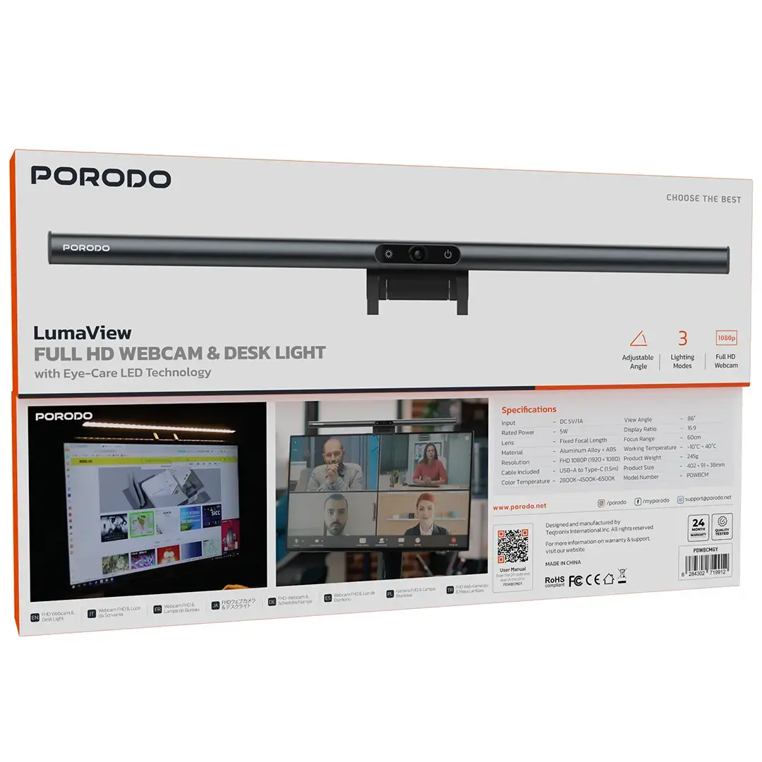 Porodo LumaView Full HD Webcam & Desk Light with Eye-Care LED Technology, Adjustable Color Temperature, 5W Rated Power, 60cm Focus Range, Adjustable Angle Flexibility, Anti-Flicker Lighting