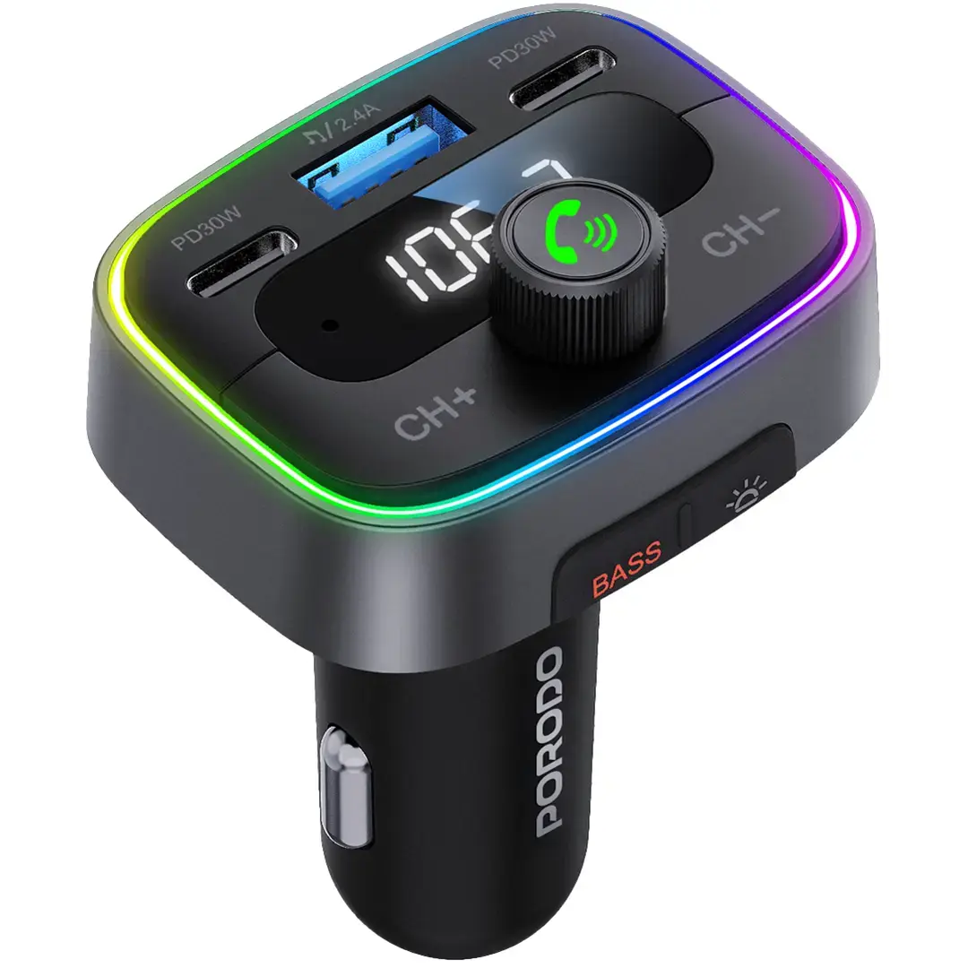 Porodo Dual PD 30W Bluetooth FM Transmitter with USB Disk Reading - Black