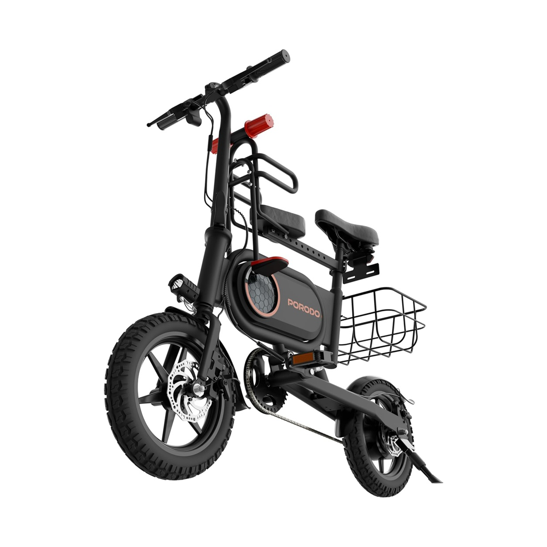 Porodo black folding urban electric bike with sleek frame and handlebars, ideal for city commuting and eco-friendly transportation.